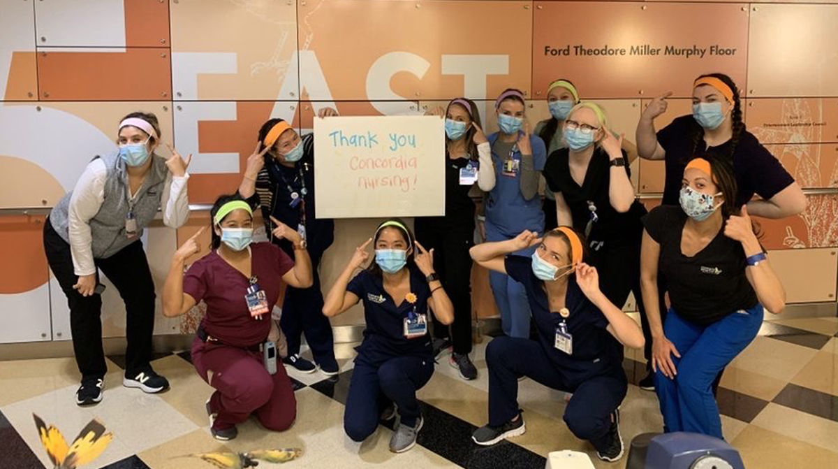 Nurses post their thanks for receiving headbands and masks from the Concordia Nursing Student Association